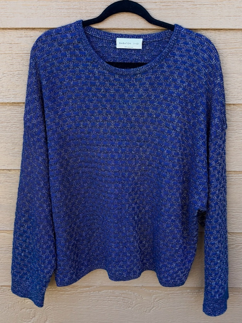 Babaton Aritzia Blue Crewneck Sweater w/ Subtle Metallic/Geo Pattern Sz XXS